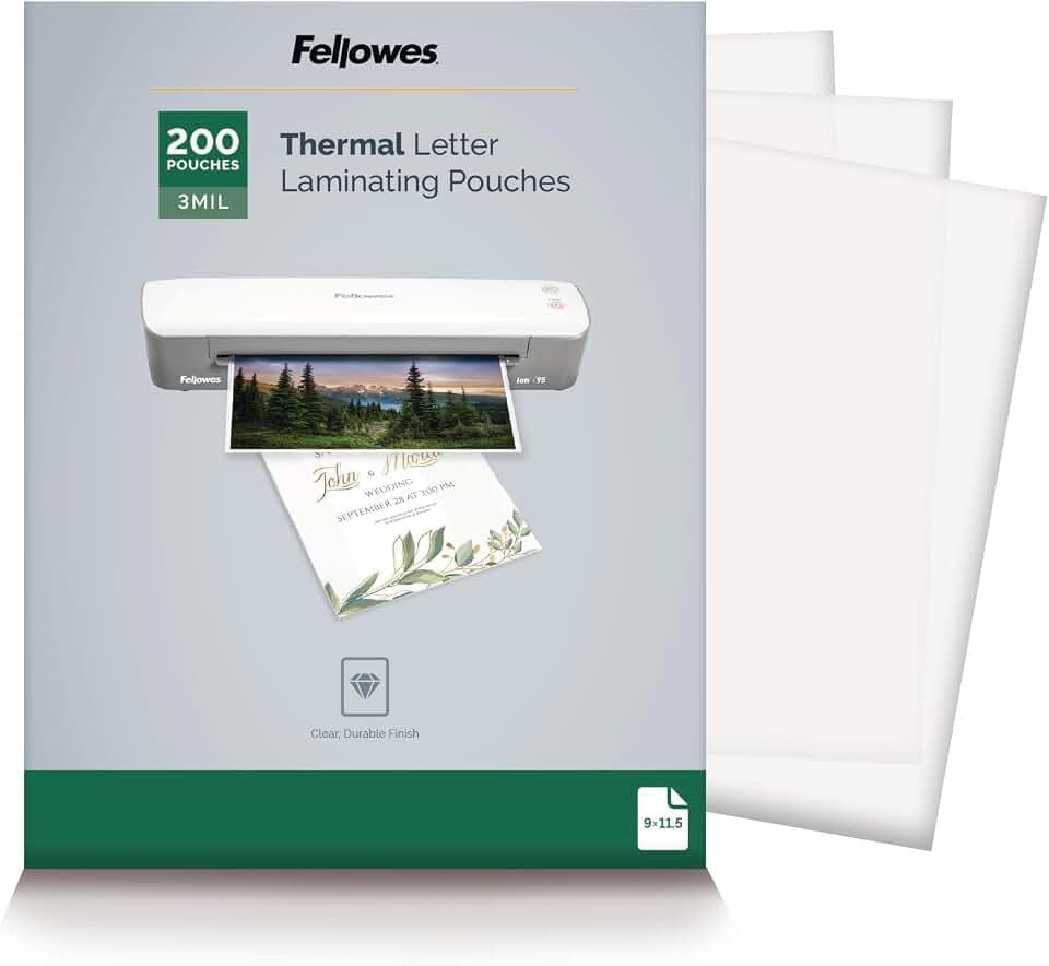 Fellowes Thermal Clear Laminating Pouches, Letter Size Sheets, 3 Mil, 200pk