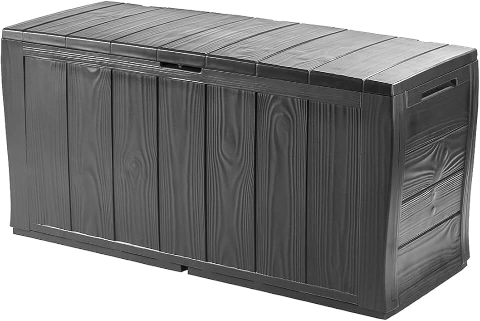 Keter Kofferraum aus Resin aus Paneelen in Holzoptik, inklusive Rollen, abschließbar, 117 x 45 x 57,5 cm, 270 Lt, Graphitgrau