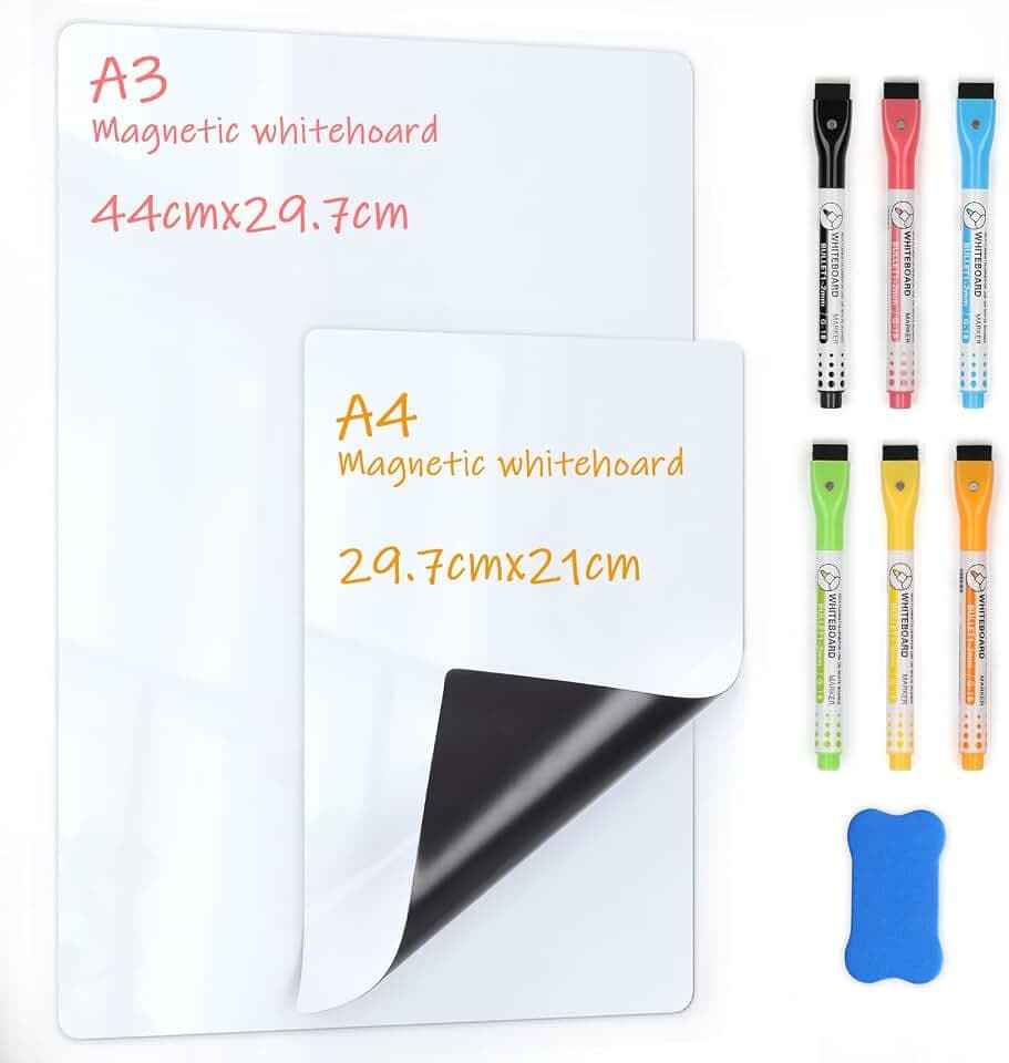 Magnetische Whiteboard Folie 2er-Set A3 +A4 Magnettafel Kühlschrank | trocken abwischbar mit 6 Markern & Radierer Ideal als Familienplaner, Essensplaner, Haushaltsplaner oder To-Do-Liste