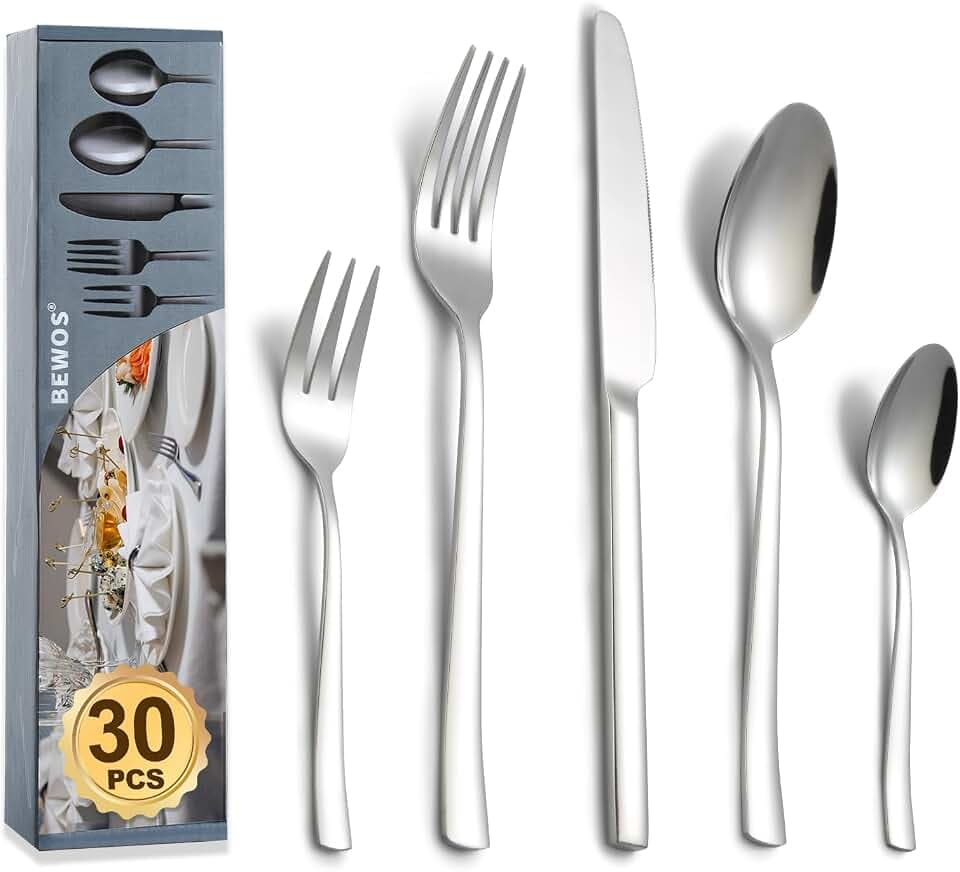 BEWOS Besteckset für 6 Personen, Silber 30-teiliges Besteckset aus Edelstahl, inklusive Messer, Gabeln und Löffel, hochglanzpoliert und spülmaschinenfest