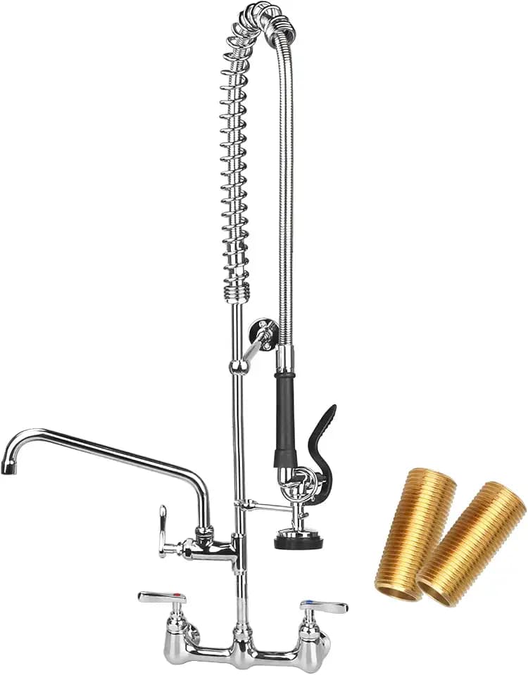 Commercial Restaurant Kitchen Faucet with Pre-Rinse Sprayer, 8" Center 42" Height Wall Mount Pull Down Sprayer Sink Faucet with 12" Swivel Spout for Industrial Kitchen 2 or 3 Compartment Sink
