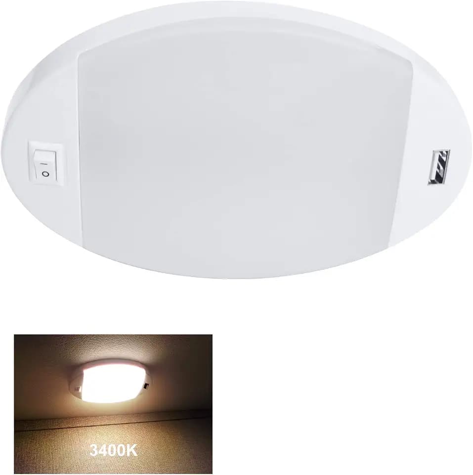Facon 12V RV Interior Lights with Fast USB Charger (5V/2.4A) – Oval Pancake LED Ceiling Light Fixture with Switch, 12Volt Lighting for RV, Camper, Boat, Tiny Homes