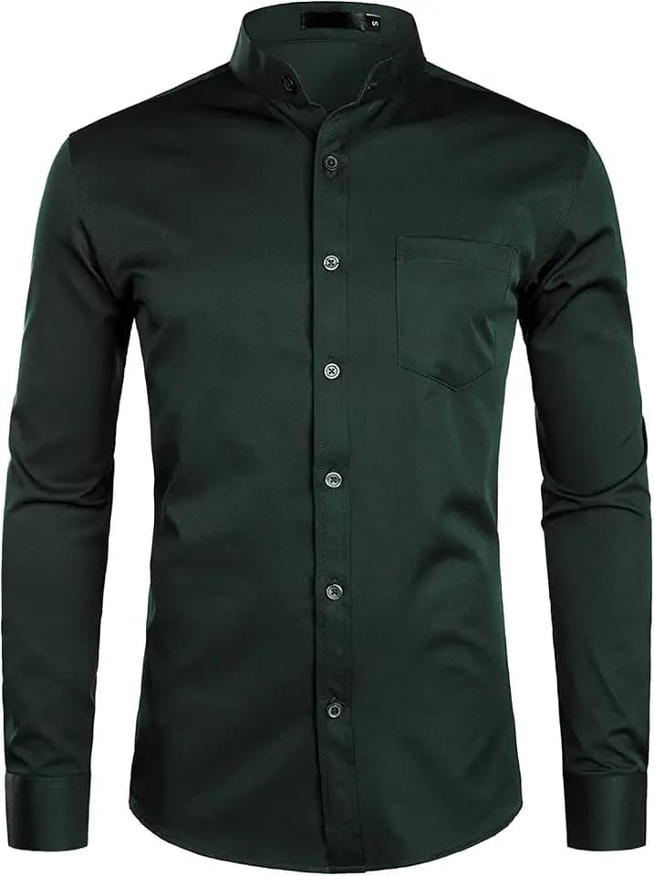 PARKLEES Herren Grandad-Kragen Slim Fit Langarm Casual Button Down Kleid Shirts mit Tasche