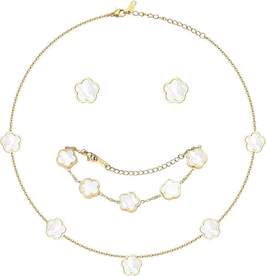 Gold Jewelry Set Clover Bracelet Necklace Stud Earrings for Women