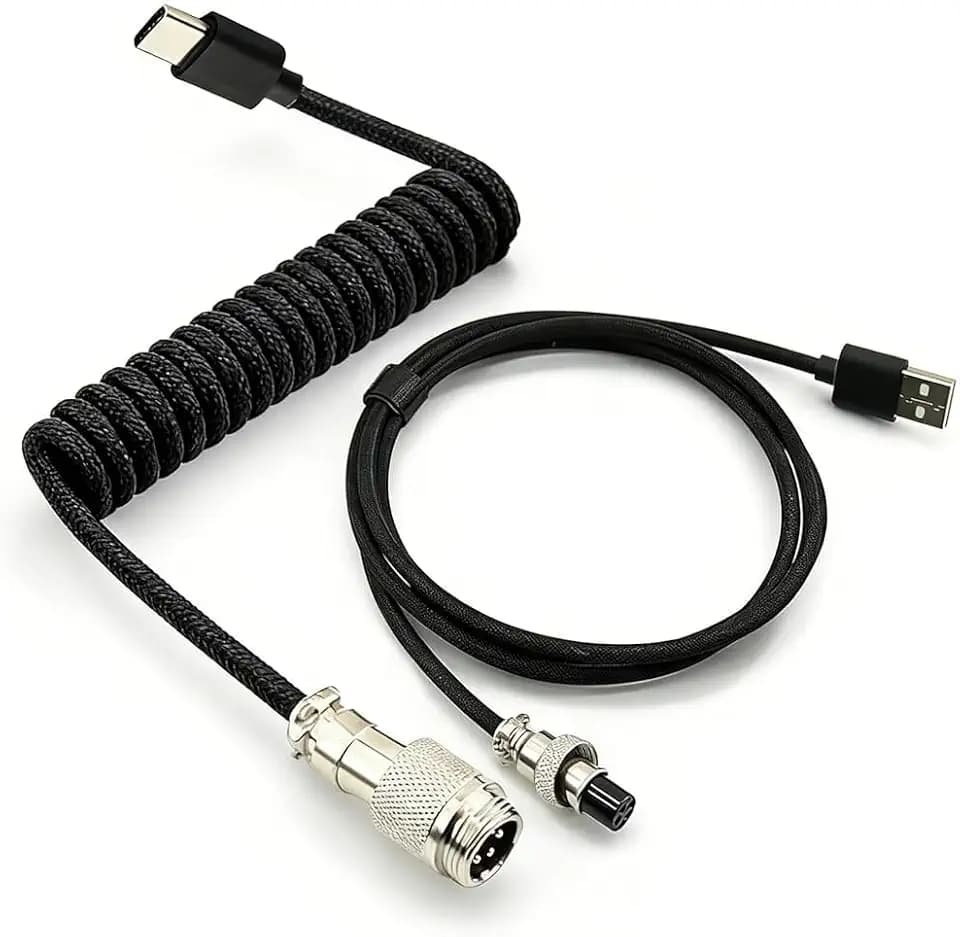 HSEUOPV Custom Coiled USB C Cable for Gaming Keyboard, Double-Sleeved Mechanical Keyboard Cable with Detachable Metal Aviator,USB-C to USB-A (1.8 M,Black)