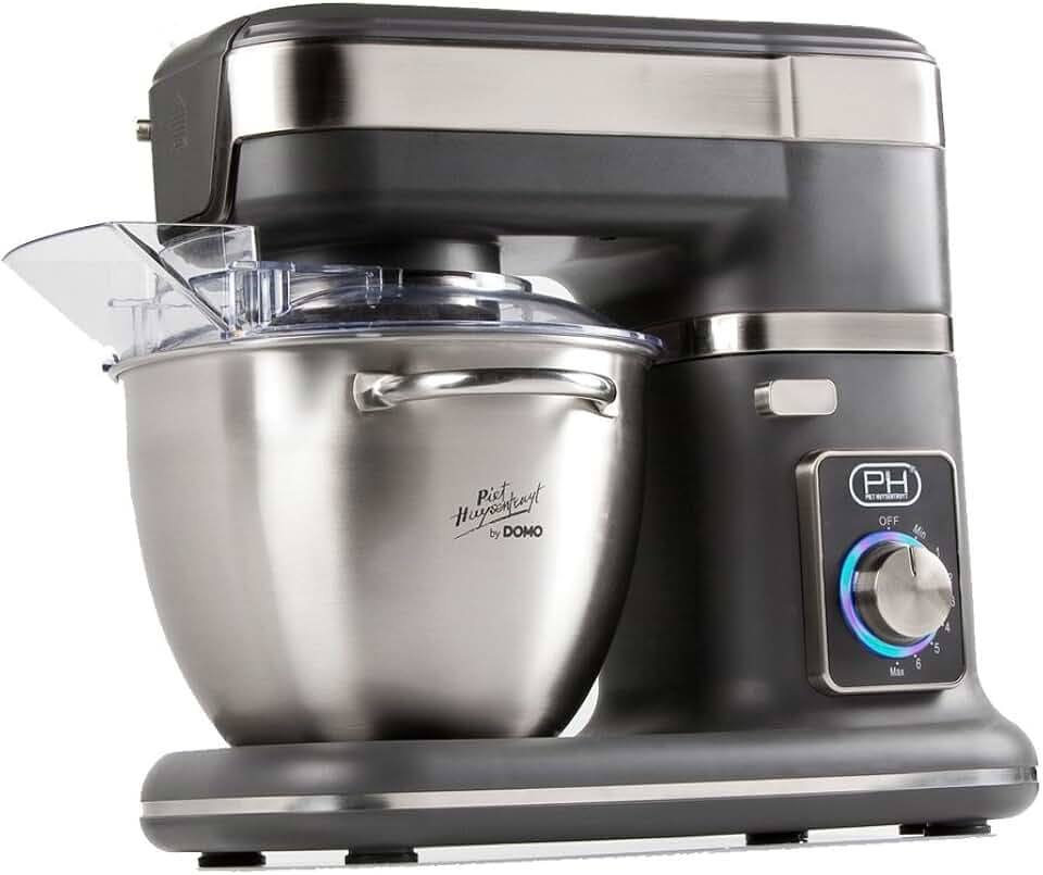 DOMO DO9070KR Küchenmaschine - 4,5L - Variable Drehzahlregelung mit 8 Stufen und Puls - 1000W - Knetmaschine mit Knethaken, Rührbesen und Schneebesen - Edelstahl/Grau