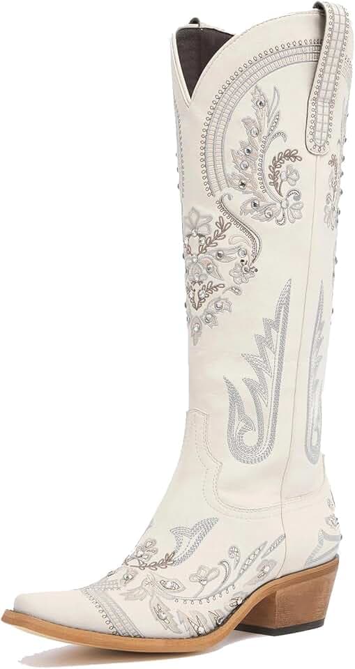 THESHY Womens Rhinestone Embroidered Wide Calf Knee High Western Cowgirl Boots Pointed Toe Chunky Heel Retro Cowboy Boots for Women