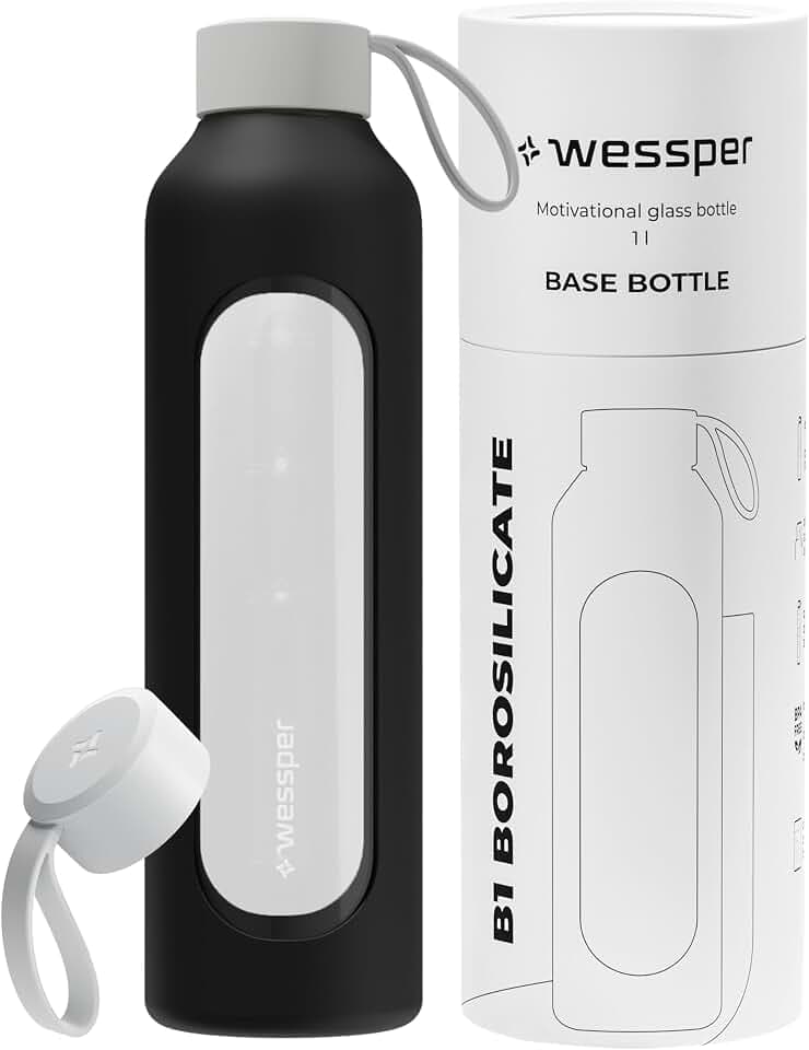 Wessper Trinkflasche Glas 1 liter, Flasche mit Hydrationsskala - Schwarz