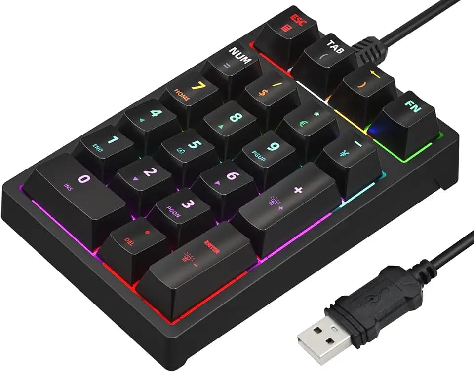 Gurjot Black Portable Mechanical Numeric Keypad, USB Wired 21-Key Number Pad, RGB Backlit Anti-Ghosting Mechanical Keypad for Laptop Desktop PC, Excel Accounting Data Entry