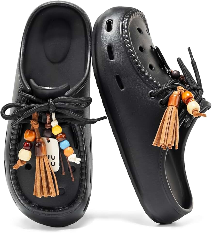 KINIKO Women's Clog Sandals with Retro Beaded Tassel Charms, Arch Support & Non-Slip Sole for Beach, Outdoor & Party Wear
