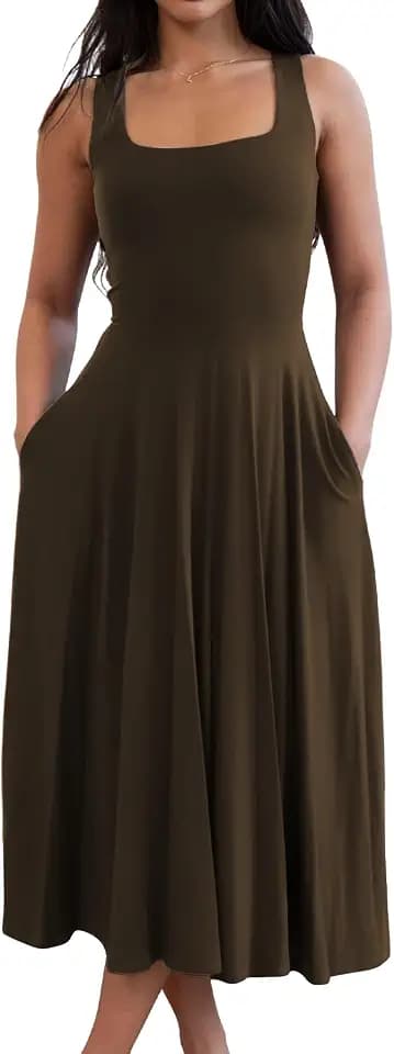 FairBeauty Women's Square Neck Casual Dress Summer Sundress with Pockets