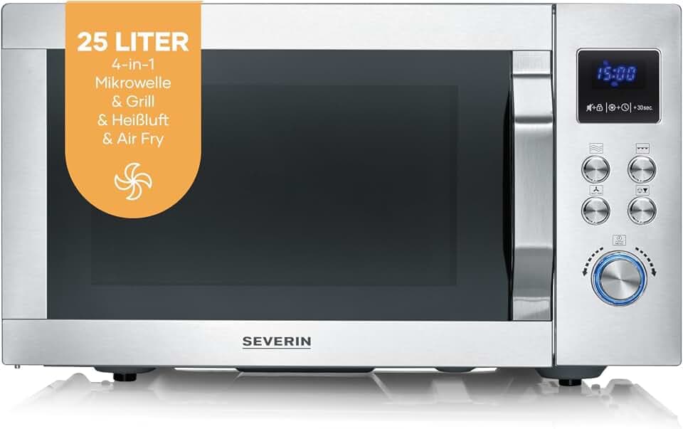 SEVERIN 4-in-1 Mikrowelle „Crispy Wave“, Heißluft-Funktion bis 230°C, Heißluftfritteuse, Mikrowelle, Backofen & Grill, 95 min Timer, max. 2150 W Leistung, 25L, Silber/Edelstahl, MW 7982