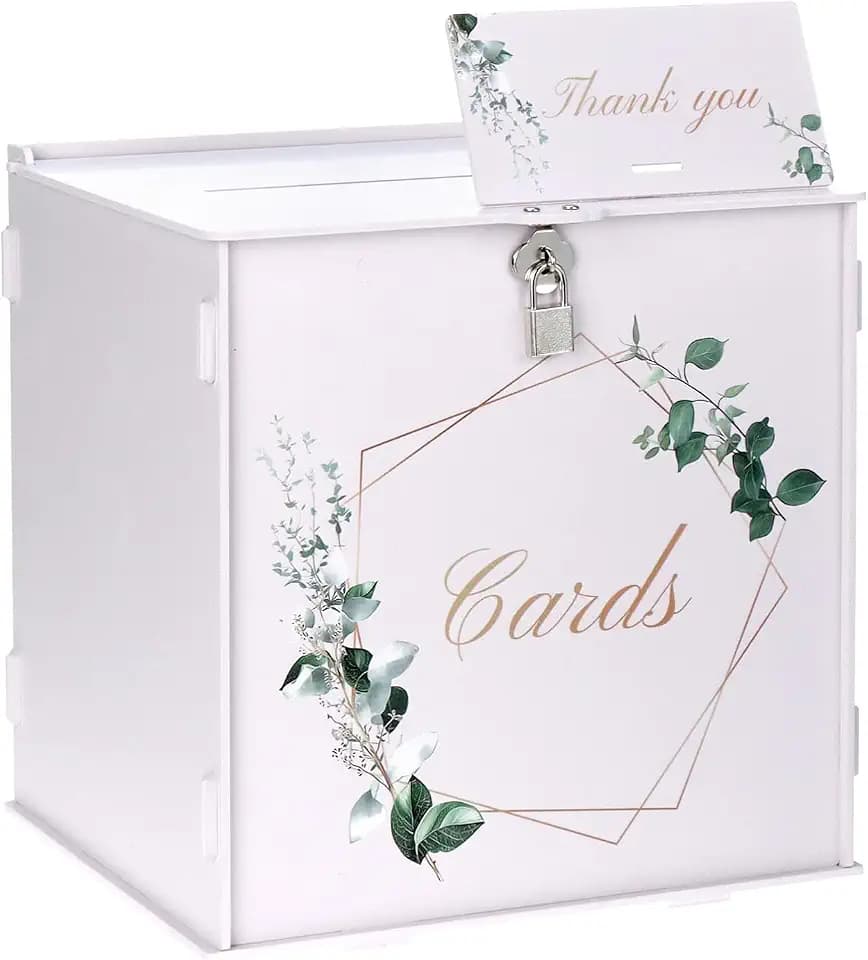 QWORK® 26 CM Elegante Hochzeitskartenbox mit Schloss und Dankeskarte – Weiße PVC-Geschenkbox für Hochzeitsempfang und Partydekoration