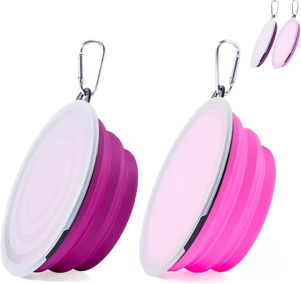 SLSON Dog Bowls Pet Collapsible Bowl with Cover Lids,2 Pack Dog Travel Bowls Portable Foldable Cat Water Dish Bowl for Pets Walking Parking Camping (Pink and Purple, Large)