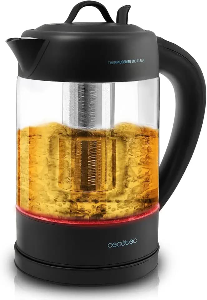 Cecotec Elektrischer Wasserkocher ThermoSense - 1,7 Liter, Borosilikatglas, Frei von BPA, Basis 360 ª, Antikalkfilter, Dppeltes Sicherheitssystem,2200 W Leistung.