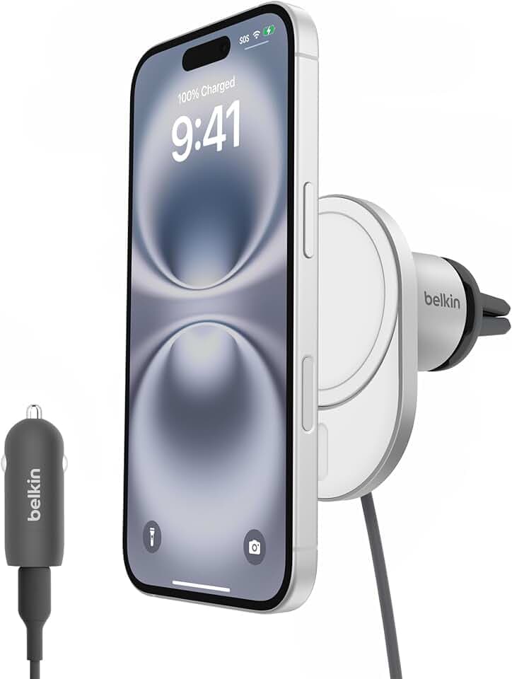 Belkin BoostCharge Pro magnetisches kabelloses Kfz-Ladegerät mit Qi2 (15 W), MagSafe-kompatibles Auto-Ladegerät für iPhone-Serien 17, Air, 16, Pixelsnap, mit USB-C Kabel und 20-W-USB-C-Kfz-Netzteil