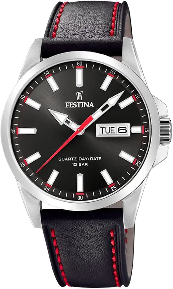 Festina Herren Uhr Analog mit Schwarzem Lederarmband - Quarzwerk - Kalender - Mineralglas mit hoher Widerstandsfähigkeit - Wasserdicht bis 10 ATM - Elegant F20358/4