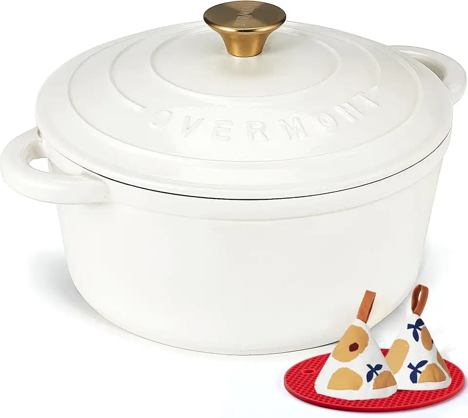 Overmont Bräter emaille Gusseisen Topf - Schmortopf 28cm backofengeeignet - mit Deckel und Kochbuch - für Küche Backen Schmoren Braten Perlweiß