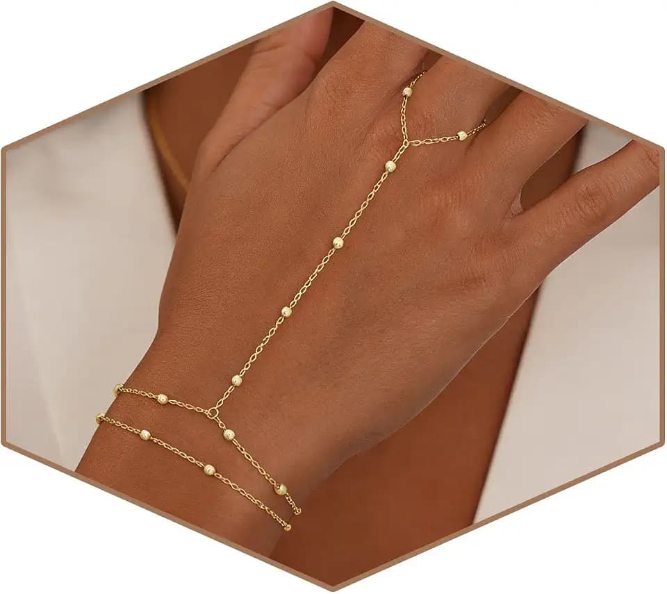 Gold Bracelets for Women Trendy, Dainty Gold Hand Chain Bracelet Stack 14k Gold Plated Finger Ring Bracelet Hand Chain Cz Layered Beaded Gold Bracelets for Women Non Tarnish Gold Jewelry Gift