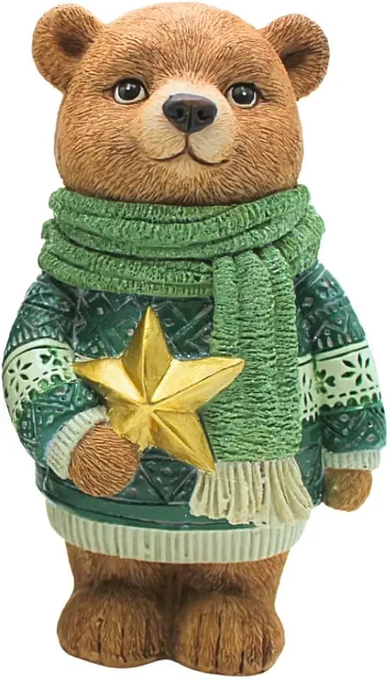 Dekohelden24 Dekobär, Weihnachtsfigur, Figur Bär, Deko-Braunbär, Weihnachtsfigur, Winterfigur mit Schal und goldenen Christstern in der Hand aus Keramik, in grün und braun, L/B/H 10 x 8 x 18cm.