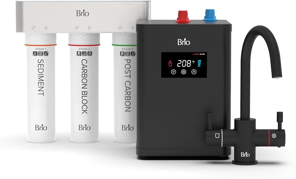 Brio 3-Stage Digital Instant Hot Water Undersink Dispenser System with Dual Flow Faucet in Matte Black, Dispenses Hot & Room, NSF/ANSI 42, 53, 61 & 372, Filters Included