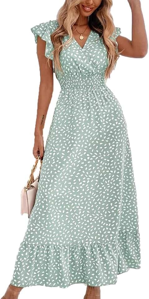 BSLVWG Maxikleid für Damen, Rüschen, Blütenblatt, kurze Ärmel, V-Ausschnitt, Blumenmuster, fließend, Sommer, Strand, Urlaub, Sommerkleid, lässig, elastisch, hohe Taille, langes Kleid