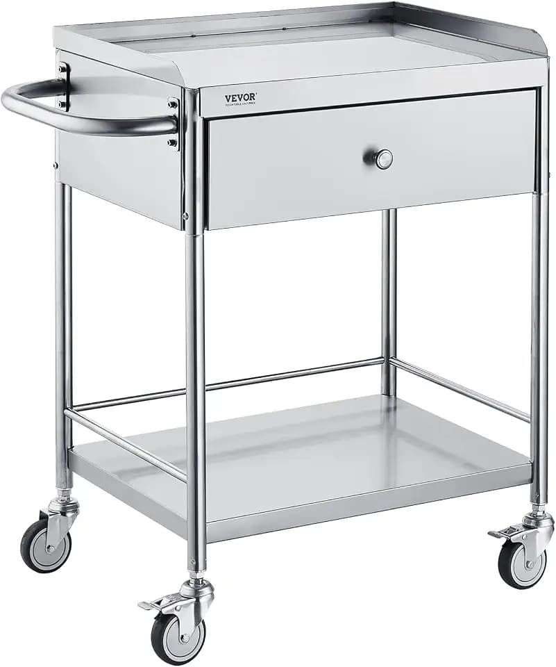 VEVOR Zweistöckiger Laborwagen Gerätewagen Medizintechnik Servierwagen 201 Edelstahl Tragbar Abräumwagen mit Schubladen 100 kg Tragfähigkeit, 710 x 421 x 785 mm (mit Griff) Labor Rollwagen