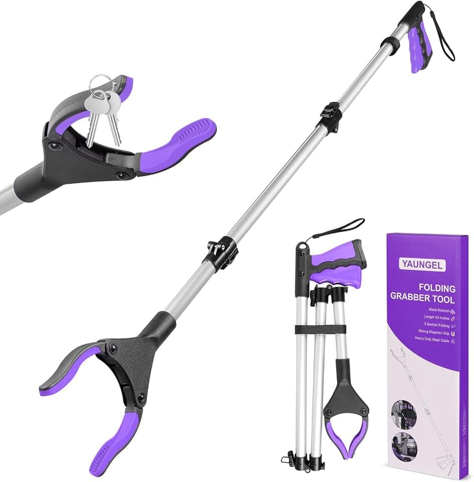 YAUNGEL 108cm Greifzange für Senioren, Folding Greifer mit Magnet-Greifarm, 360° Drehbar Müllzange Greifzange, Langer Müllgreifer, Greifhilfe für Menschen mit Behinderung(Violett)