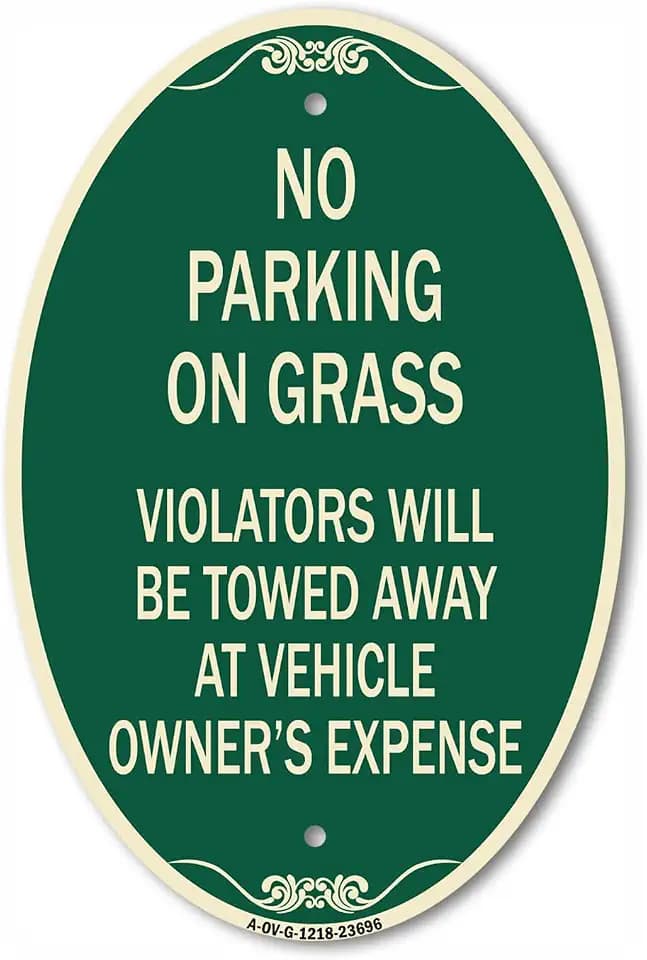 SignMission Designer Oval Series Sign - No Parking on Grass Violators Will Be Towed Away at Vehicle Owner's Expense | Green & Tan 12" X 18" Heavy-Gauge Aluminum Architectural Sign | Made in The USA
