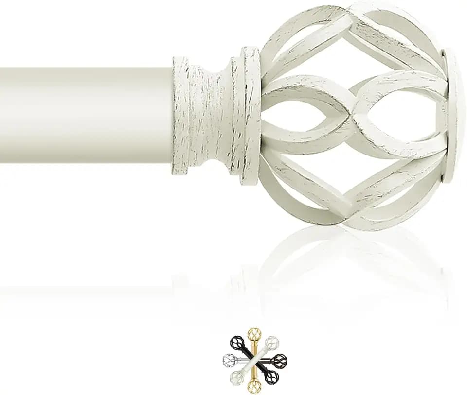 TVWOO White Decorative Farmhouse Curtain Rod:72-144"Adjustable Heavy Duty Single Window Curtain Rod for Bedroom Living Room,White Boho Rustic Drapery Pole with Vintage Twist Finial Easy Install