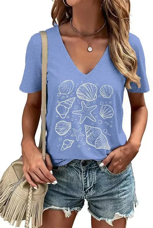 Women's T-Shirts V-Neck Flowers Tee Funny Summer Vacations Beaches Graphic Shirts Short Sleeve T Shirt