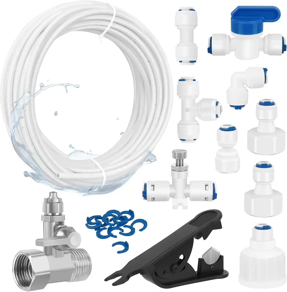 15m Wasserzulaufleitung Universal Anschluss-Set mit T Stück, 12 Stück RO Water Filter Fitting für 1/4 Zoll Schlauch, Kühlschrankschlauch, Wasserschlauch (T + I + L Typ + Absperrventil + Rohrschneider)