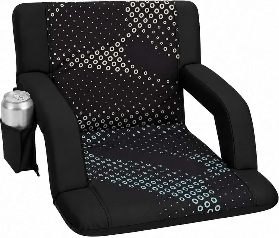 SereneLife Stadium Seats with Back Support for Bleachers, 25" Wide Padded Bleacher Chair, Blue, 6 Recline Positions, Armrests, Cup Holder, Shoulder Straps, Black