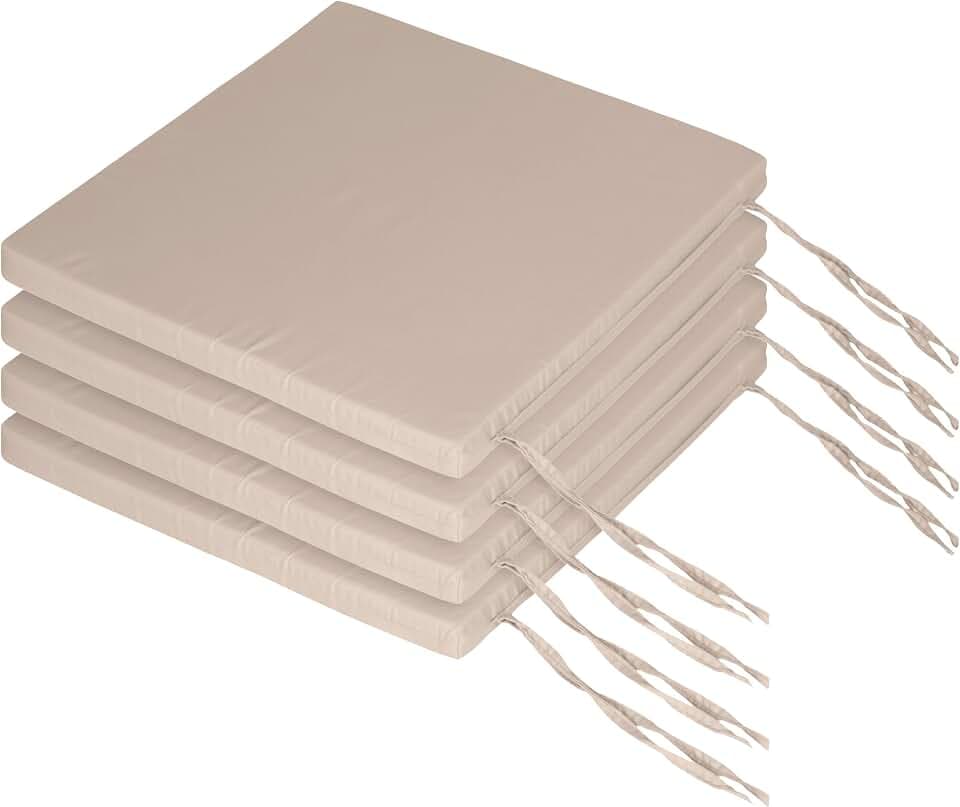 Relaxdays Stuhlkissen, 4er Set, 40x40 cm, Sitzkissen mit Bändern, Indoor & Outdoor, Polyesterbezug, Schaumstoff, beige
