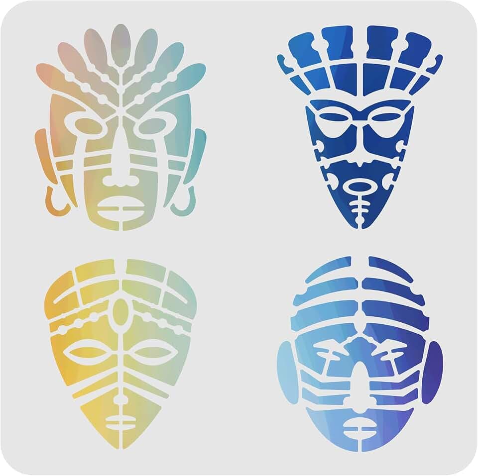 FINGERINSPIRE Afrikanische Stammesschablonen Vorlage 30x30cm Plastik Afrikanische Maske Zeichnung Malschablonen Quadratische wiederverwendbare Schablonen zum Malen auf Holz, Boden, Wand und Fliesen