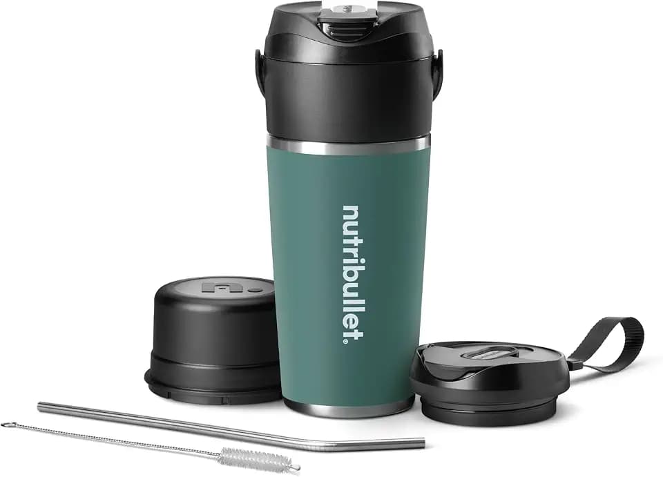 nutribullet Flip NBP016EUC, tragbarer Mixer mit Thermobecher (590 ml), hält Getränke 24 Stunden kalt, Eiscrusher, 2-in-1 Mini Mixer to-go, USB-C-Ladefunktion, Edelstahl, Eucalytpus