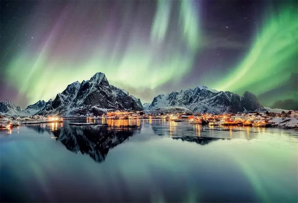 AOFOTO 7x5ft Lights in The Northern Night Sky Mountains Lake Scenery Photo Backdrop Snowy Glacier Coastline Landscape Norway Island Fishing Village Travel Photography Background Photo Studio Props