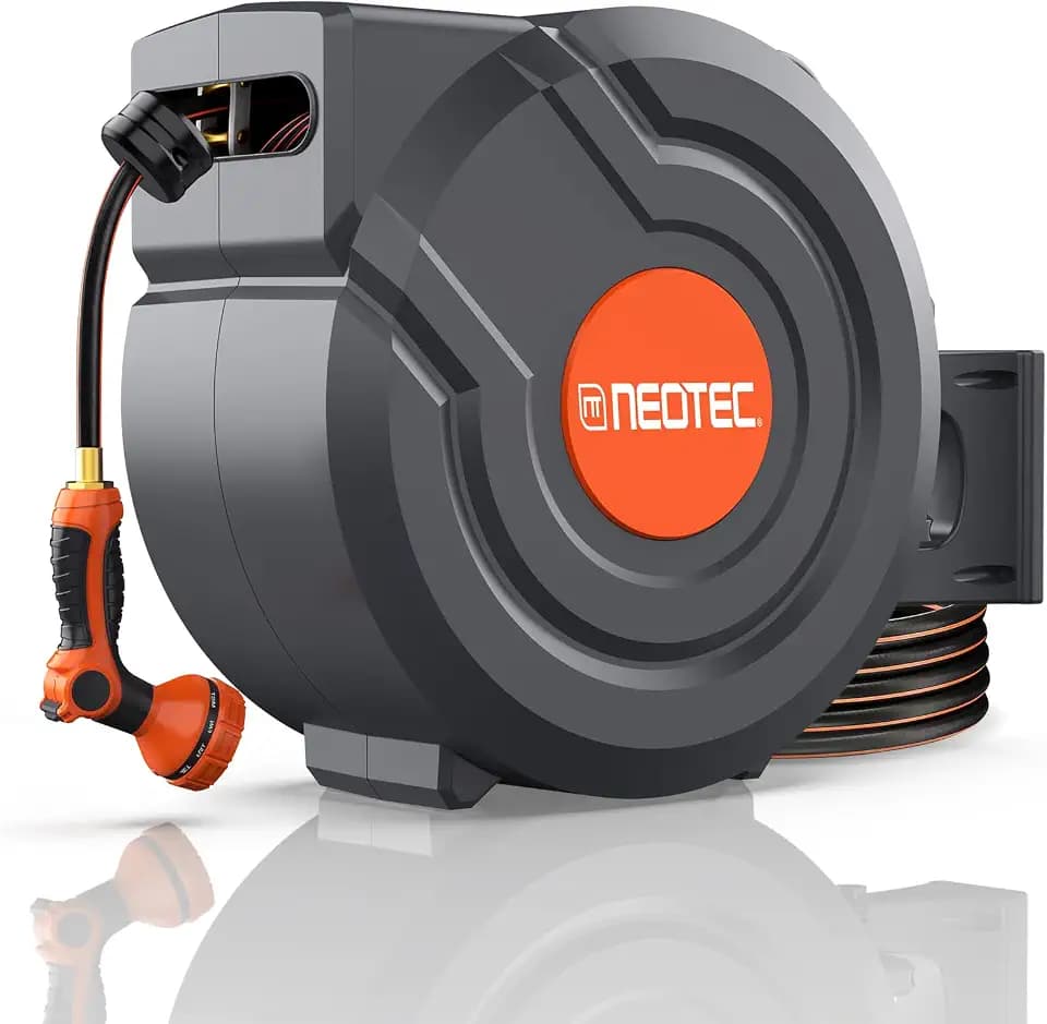 90FT Retractable Garden Hose Reel 5/8 Inch, Heavy Duty Wall Mounted Hose Reel with 9-Pattern Nozzle, Automatic Slow Return & Any-Length Lock, 180° Swivel UV Resistant for Lawn & Car Wash