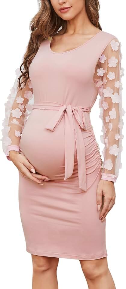 Umstandskleid, Midilänge, lange Rüschärmel floraler Netzstoff, figurbetontes Kleid für Babyparty