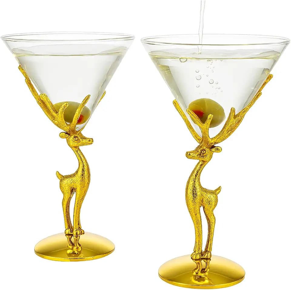 Stag Antler Martini & Cocktail Glasses - 2 Set - Gold Deer Design Elegant Animal Inspired Barware, Everyday, Wedding, Themed Parties Rustic Decor Lover Gifts, Unique Drinking Perfect for Entertaining