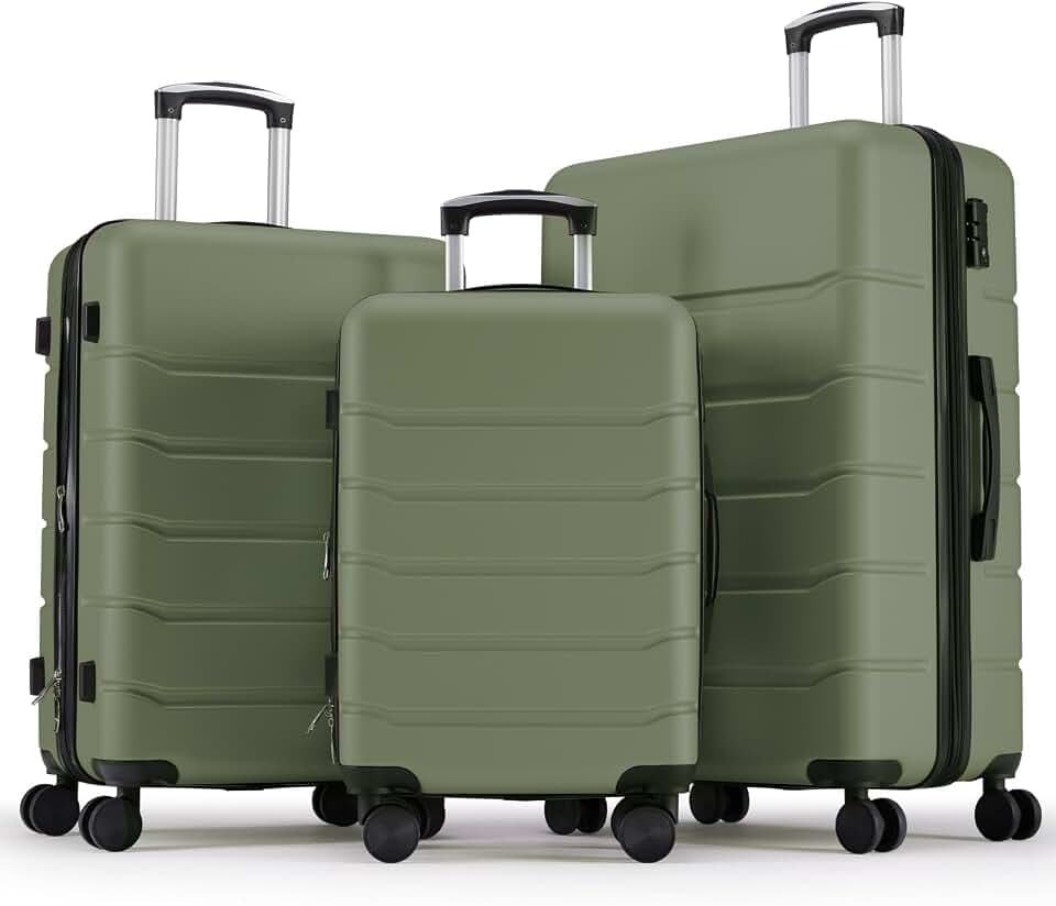 OLIXIS 3-Piece Luggage Set, Carry On Suitcases with Spinner Wheels, Expandable Travel Luggage with TSA Approved Lock & ABS Hard Shell, Olive Green, 20/24/28 Inch