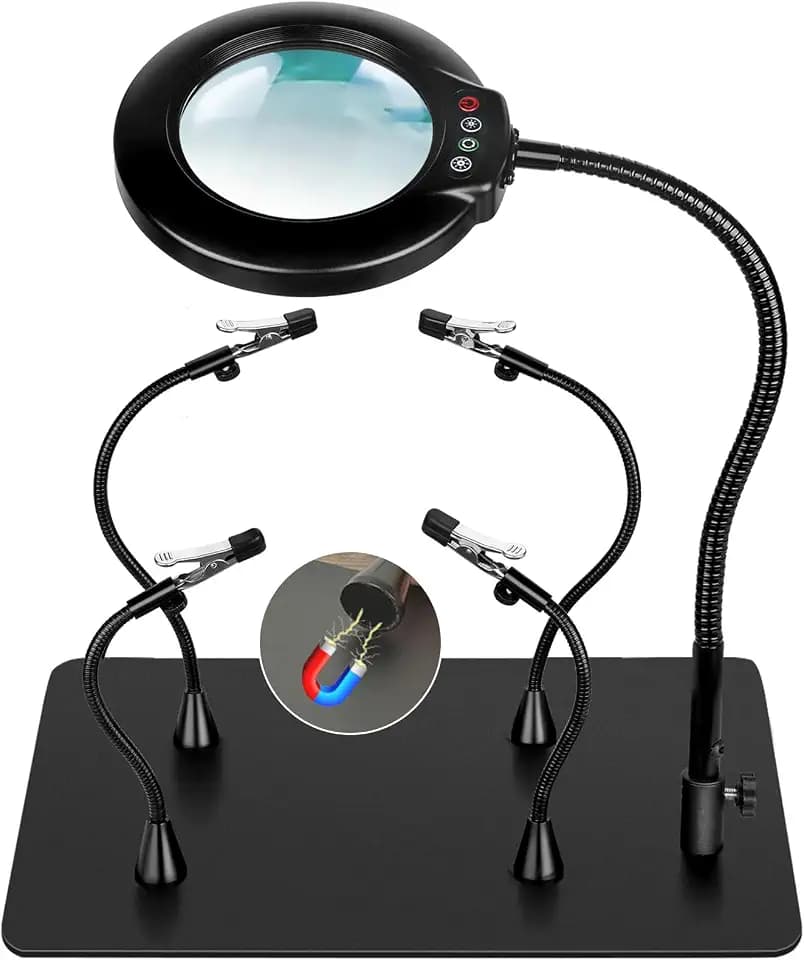 Soldering Helping Hands 12X Magnifying Glass with light and Stand PCB Holder, Drdefi Soldering Station Third Hand Tools Magnifier with Thickening Alligator Clip Large Magnetic Base for Repairing