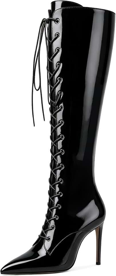 Eldof Women's Knee-High Boots Lace Up High Heeled Stiletto Sexy Boot
