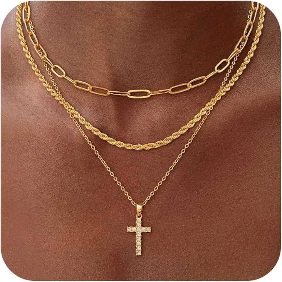 Layered Gold Cross Necklaces for Women, Stack Stackable 14K Gold/Silver Plated Cubic Zirconia Pendant Necklace Set Dainty Choker Layering Necklaces for Women Faith Jewelry Religious Gift