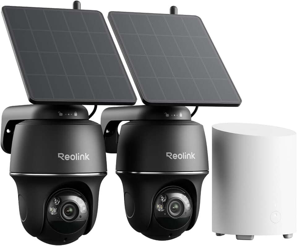 Reolink 5MP Kabelloses PT Überwachungskamera Außen Set mit Solar Akku | Auto-Tracking, KI-Erkennung, lokaler Speicher & Dual-Band WLAN, Ohne ABO, Home Hub Mini mit Argus PT 2-Kamera-Set Schwarz