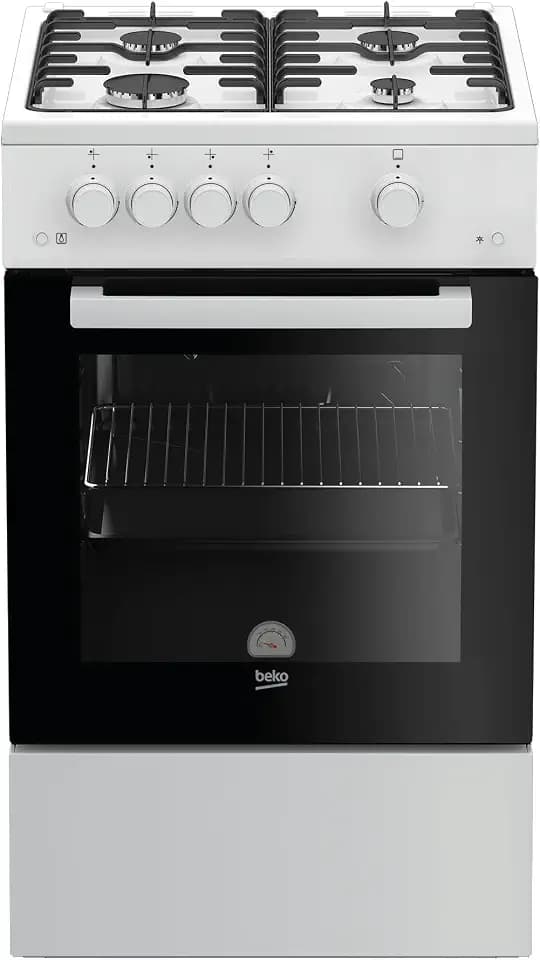 Beko FSG52010FW Freistehender Gasherd, Gasbackofen mit Gaskochfeld, 50 cm, 4 Kochzonen, Gasbackofen mit Elektrozündung und Innentemperaturanzeige, herausnehmbares Innenglas, Weiß