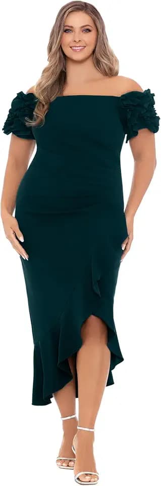 Xscape Womens Off The Shoulder Ruffle Sleeve Midi Dress (Plus) Special Occasion Dress