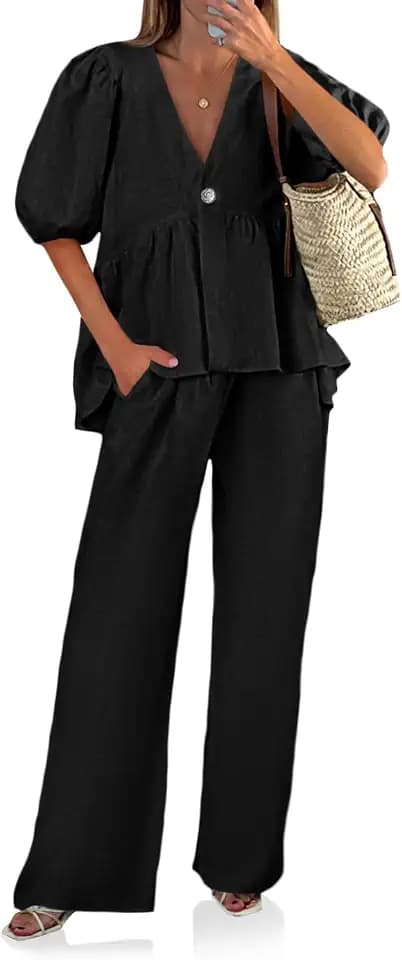 Tankaneo Womens 2 Piece Linen Sets V Neck Puff Sleeve Matching Set