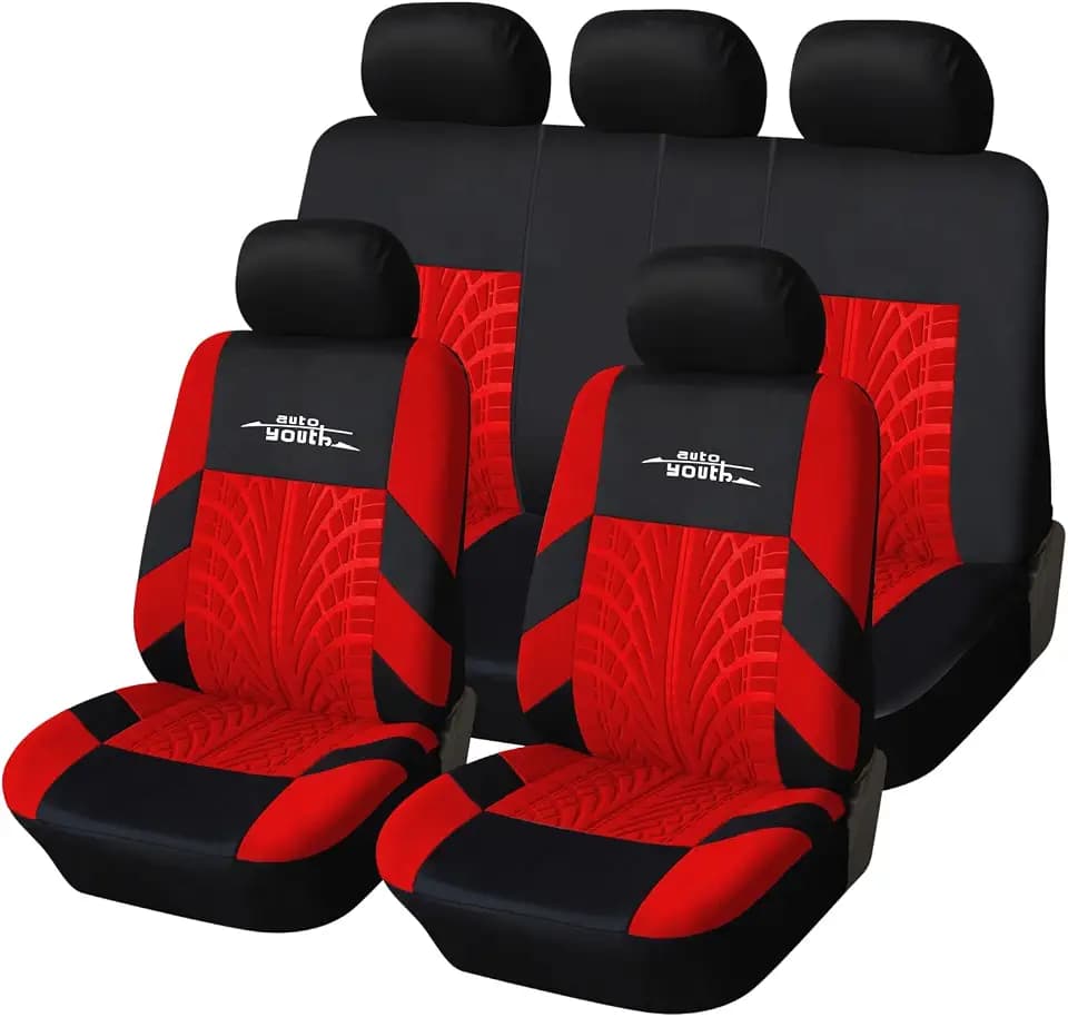 AUTOYOUTH Autositzbezüge Universal Fit Komplettset Autositzschoner Reifenschienen Autositzzubehör, Rot