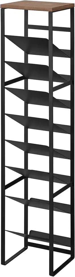 YAMAZAKI Tower 8-stöckiges Flaschenregal mit Holzablage aus Stahl - für Flasche (500ml)/Weinflasche, schmal -19,3 x 20 x 88,5 cm, Japanisches Design, schwarz